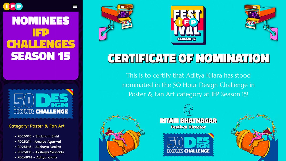 Certificate nominating Aditya Kilara in Poster and Fan Art at IFP Season 15