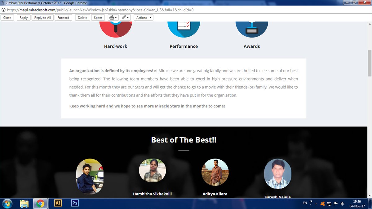 October 2017 Miracle Software Systems Star Performers announcement featuring Aditya Kilara